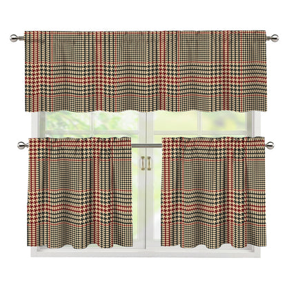 Brown Beige And Red Glen Plaid Print 3 Piece Kitchen Curtains