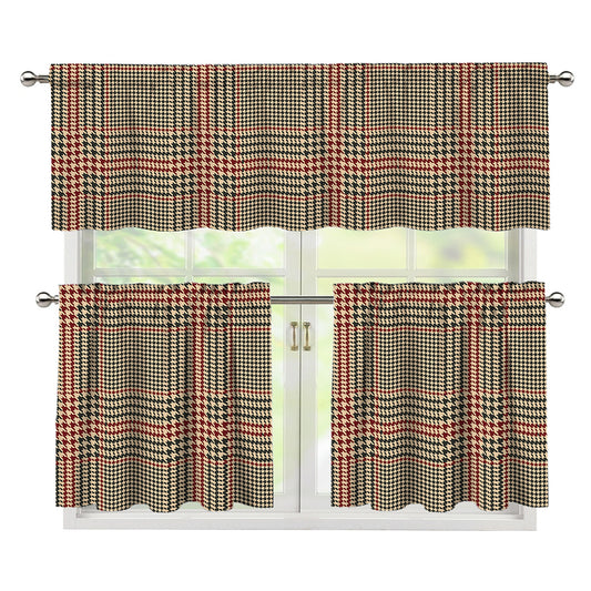 Brown Beige And Red Glen Plaid Print 3 Piece Kitchen Curtains
