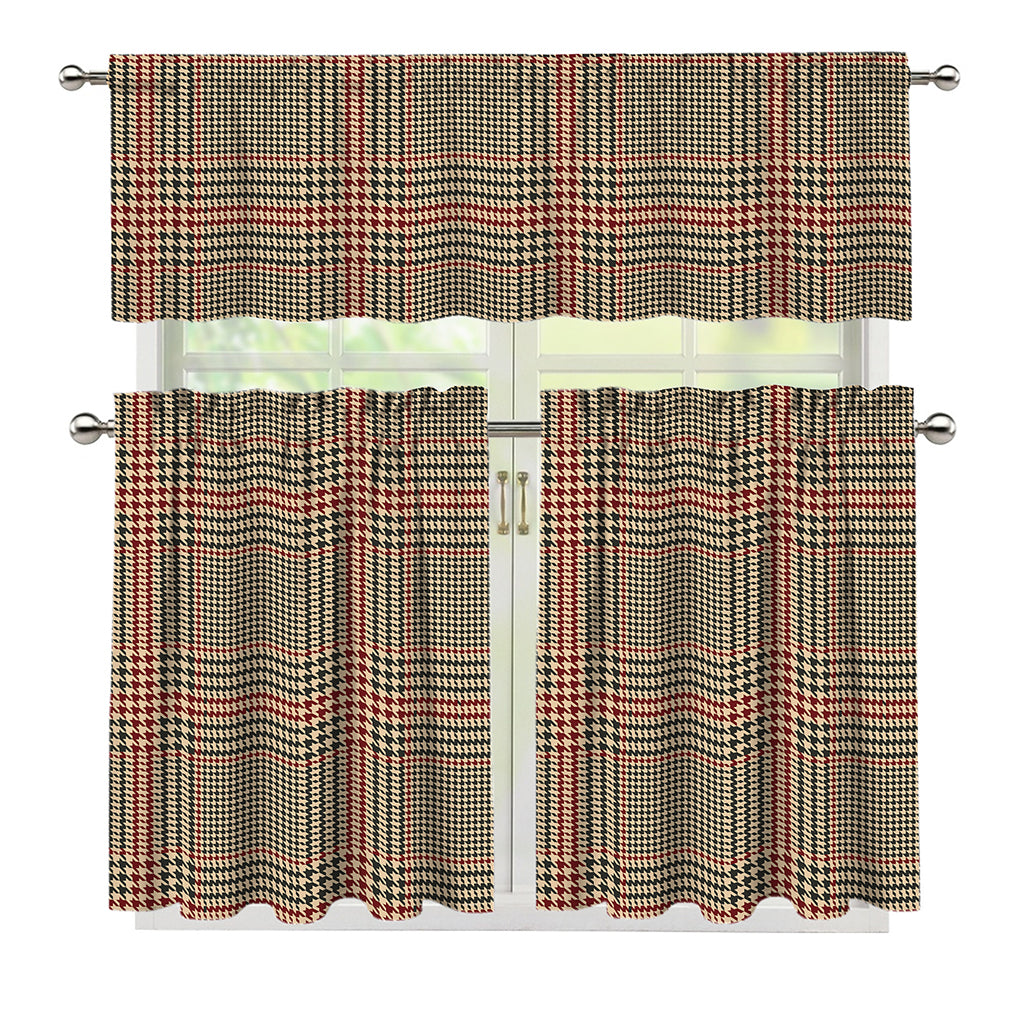 Brown Beige And Red Glen Plaid Print 3 Piece Kitchen Curtains