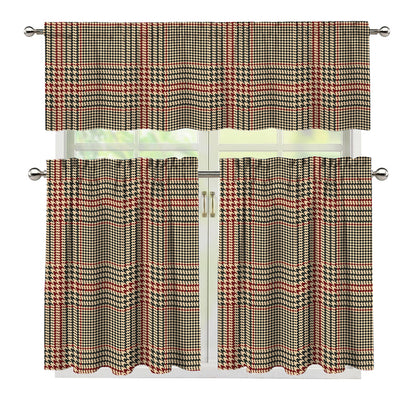 Brown Beige And Red Glen Plaid Print 3 Piece Kitchen Curtains
