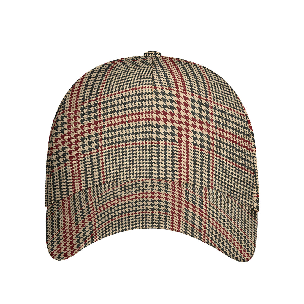 Brown Beige And Red Glen Plaid Print Baseball Cap