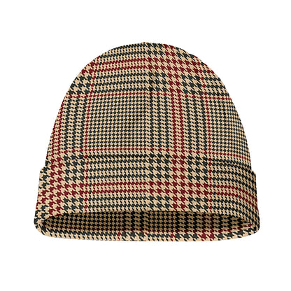 Brown Beige And Red Glen Plaid Print Beanie