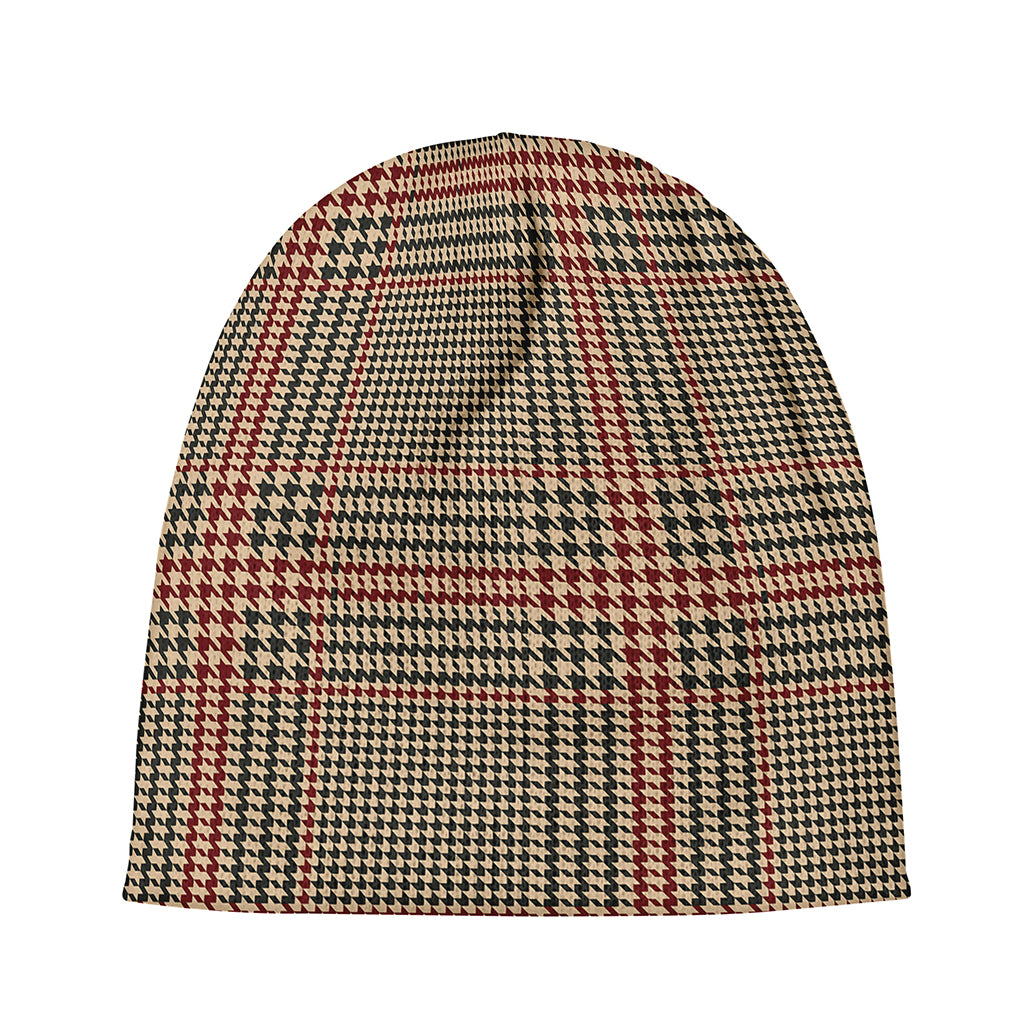 Brown Beige And Red Glen Plaid Print Beanie