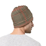 Brown Beige And Red Glen Plaid Print Beanie