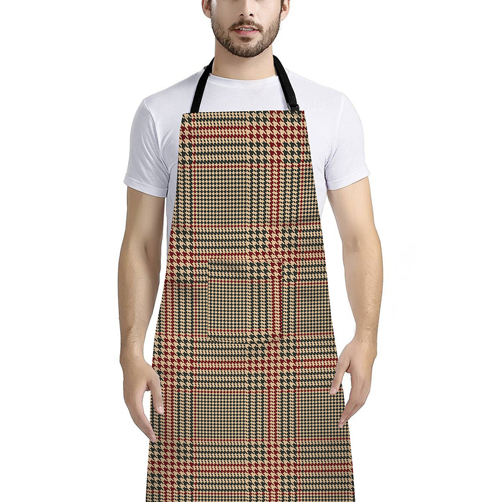 Brown Beige And Red Glen Plaid Print Bib Apron With Pocket