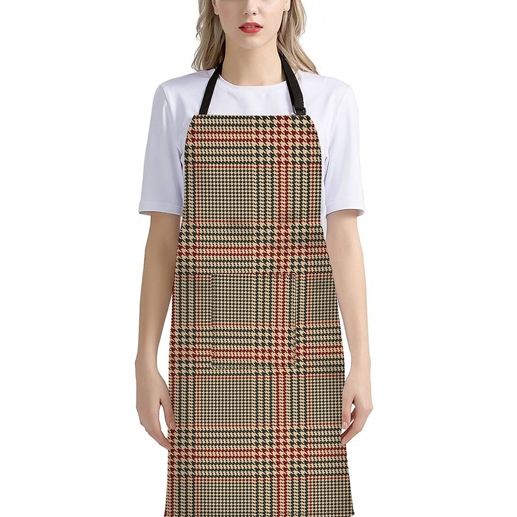 Brown Beige And Red Glen Plaid Print Bib Apron With Pocket
