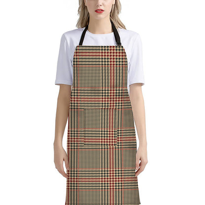 Brown Beige And Red Glen Plaid Print Bib Apron With Pocket