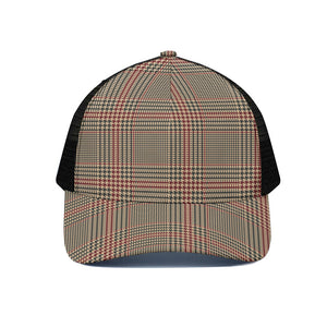 Brown Beige And Red Glen Plaid Print Black Mesh Trucker Cap