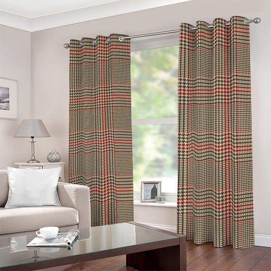 Brown Beige And Red Glen Plaid Print Blackout Grommet Curtains
