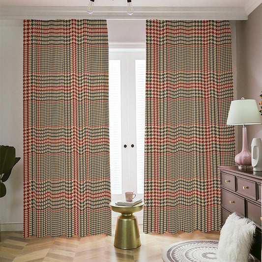 Brown Beige And Red Glen Plaid Print Blackout Pencil Pleat Curtains
