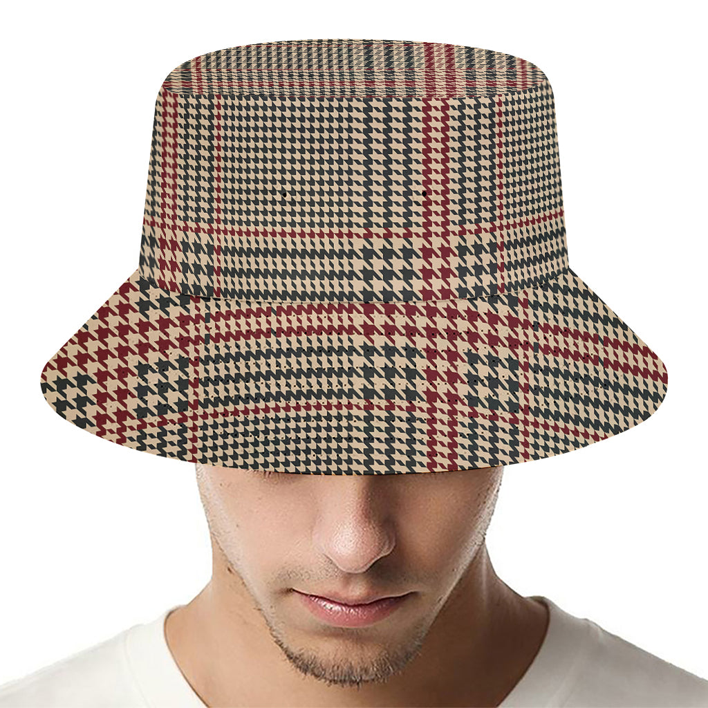 Brown Beige And Red Glen Plaid Print Bucket Hat