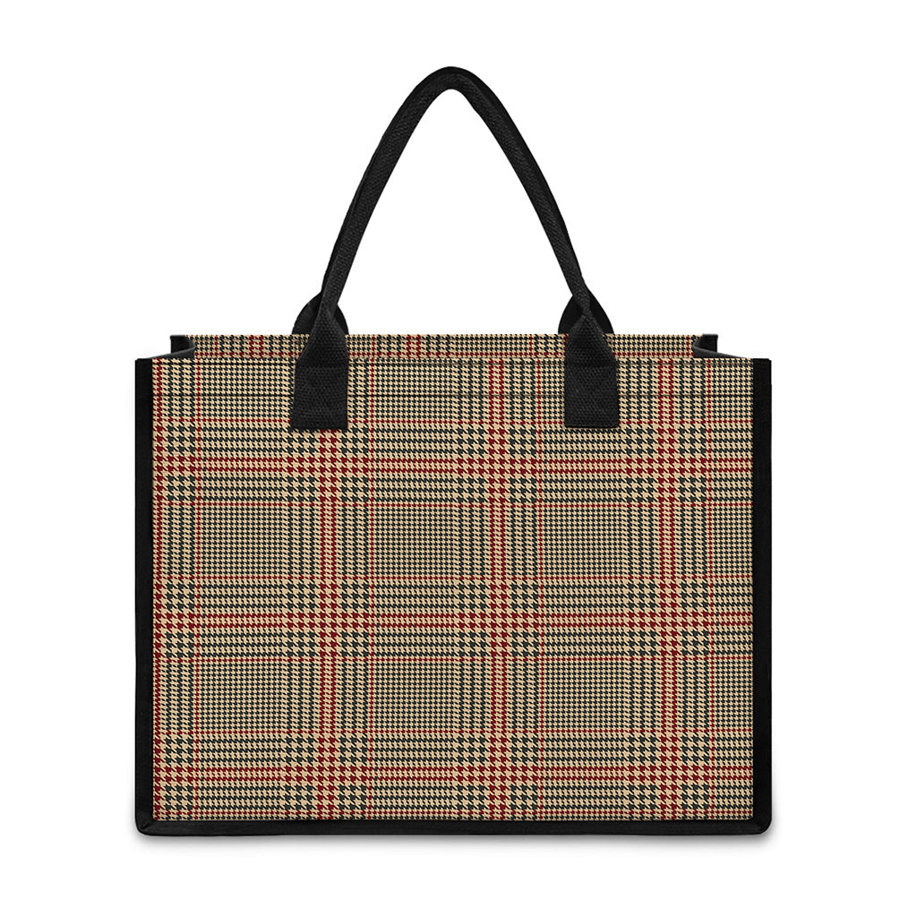 Brown Beige And Red Glen Plaid Print Canvas Tote Bag