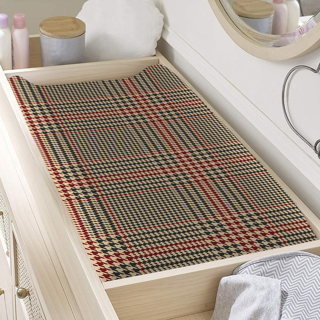 Brown Beige And Red Glen Plaid Print Changing Pad Cover