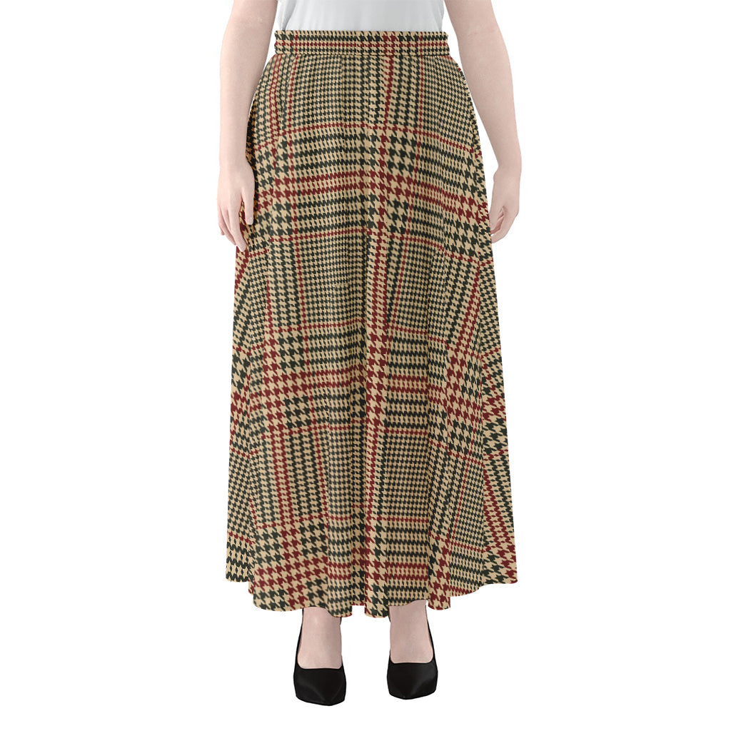 Brown Beige And Red Glen Plaid Print Chiffon Maxi Skirt