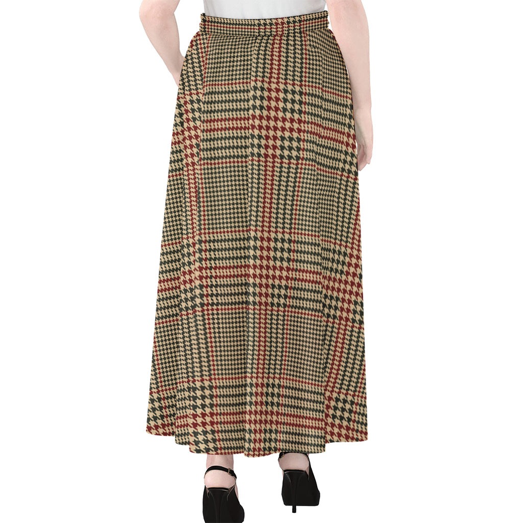 Brown Beige And Red Glen Plaid Print Chiffon Maxi Skirt