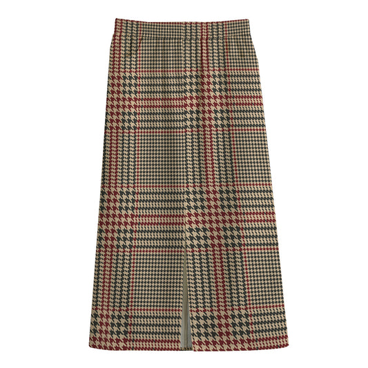 Brown Beige And Red Glen Plaid Print Cotton Front Slit Maxi Skirt