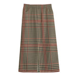 Brown Beige And Red Glen Plaid Print Cotton Front Slit Maxi Skirt