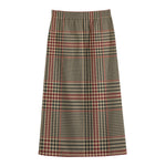 Brown Beige And Red Glen Plaid Print Cotton Front Slit Maxi Skirt