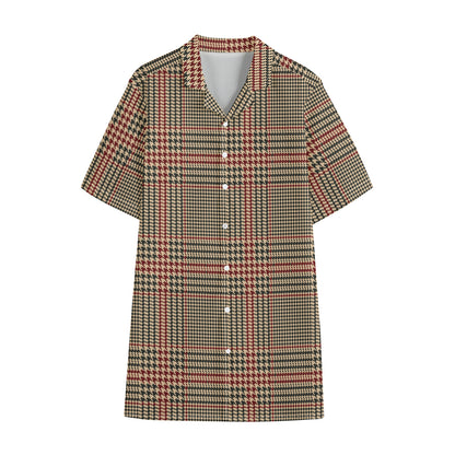 Brown Beige And Red Glen Plaid Print Cotton Hawaiian Shirt