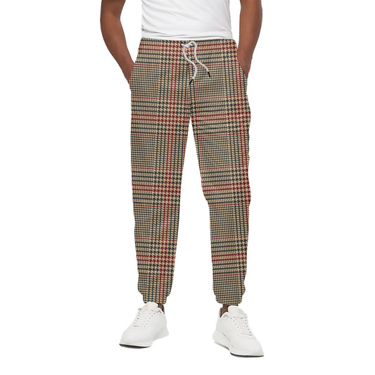 Brown Beige And Red Glen Plaid Print Cotton Pants