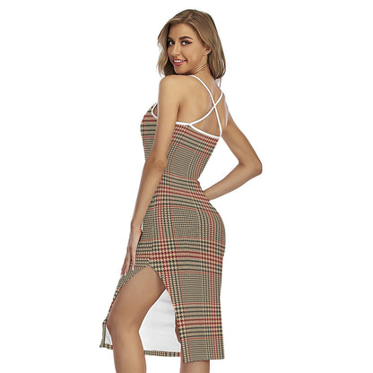 Brown Beige And Red Glen Plaid Print Cross Back Cami Dress