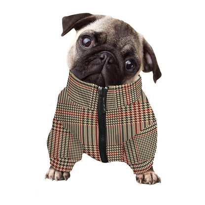 Brown Beige And Red Glen Plaid Print Dog Zip Up Jacket