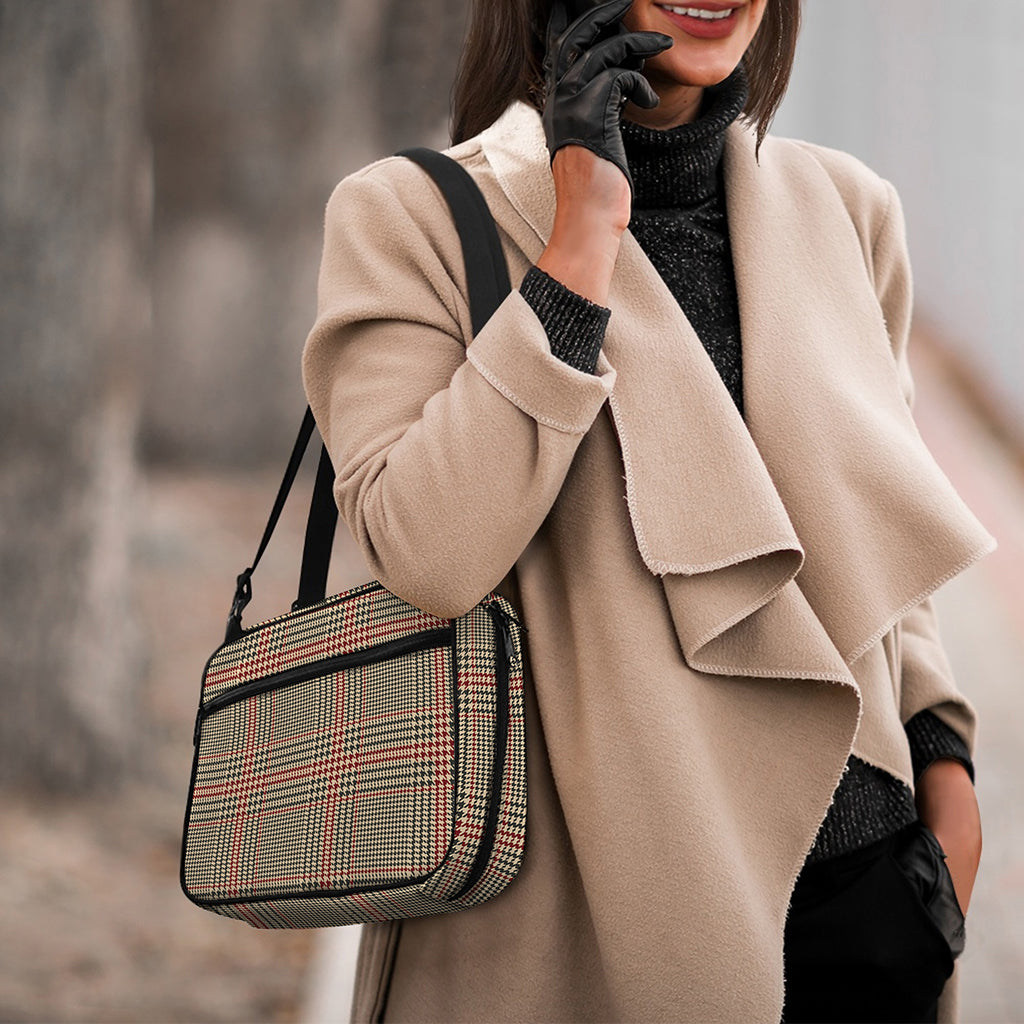 Brown Beige And Red Glen Plaid Print Double Strap Bible Bag