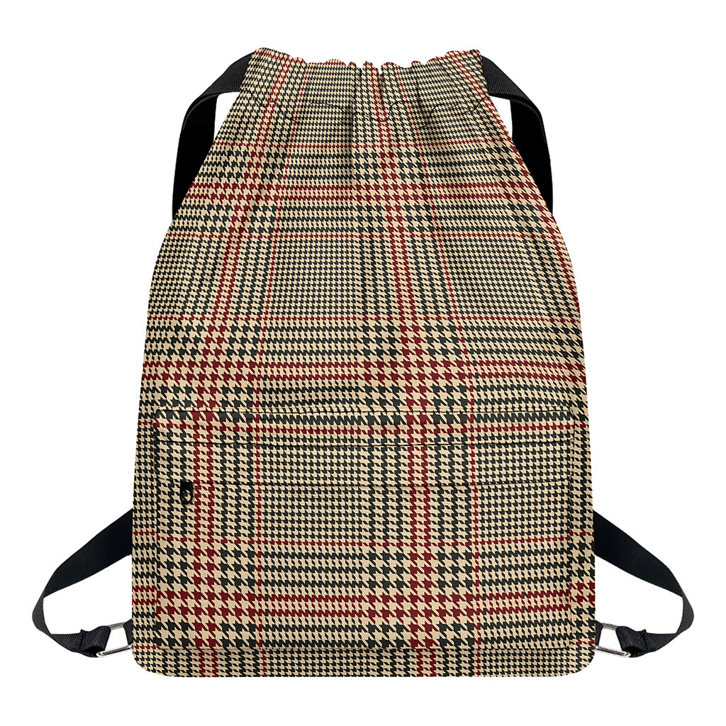 Brown Beige And Red Glen Plaid Print Drawstring Backpack
