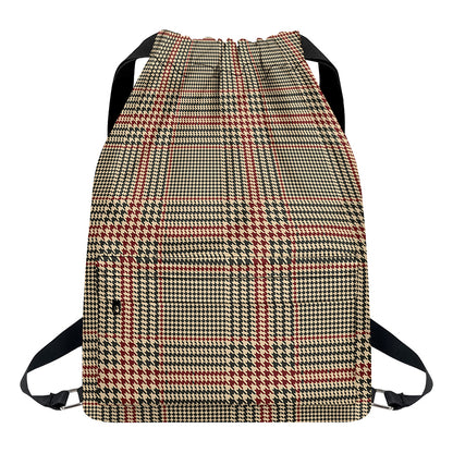 Brown Beige And Red Glen Plaid Print Drawstring Backpack