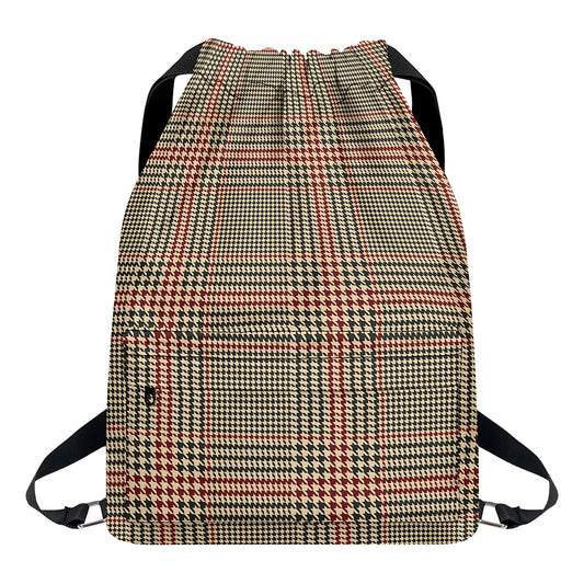 Brown Beige And Red Glen Plaid Print Drawstring Backpack