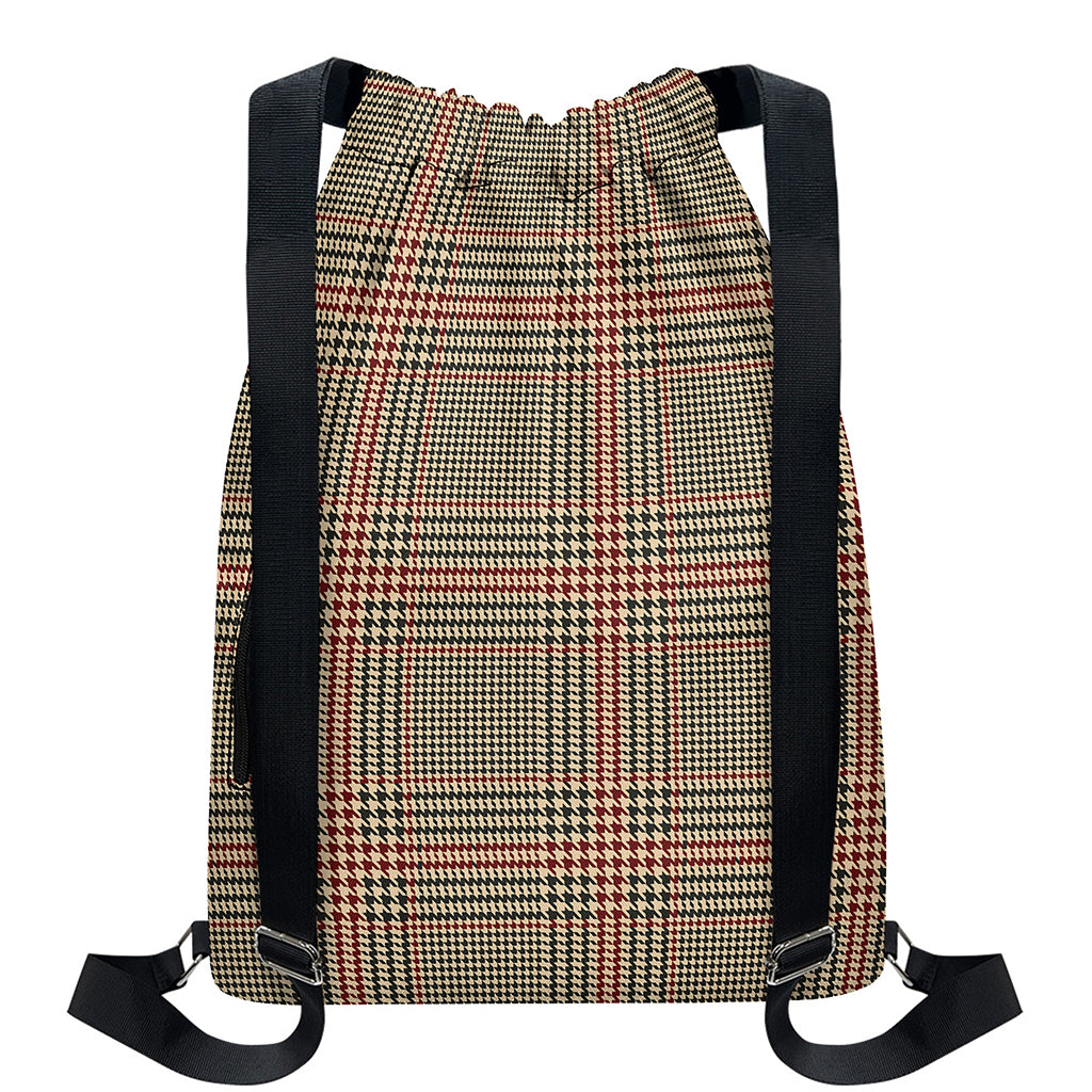 Brown Beige And Red Glen Plaid Print Drawstring Backpack