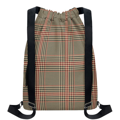 Brown Beige And Red Glen Plaid Print Drawstring Backpack