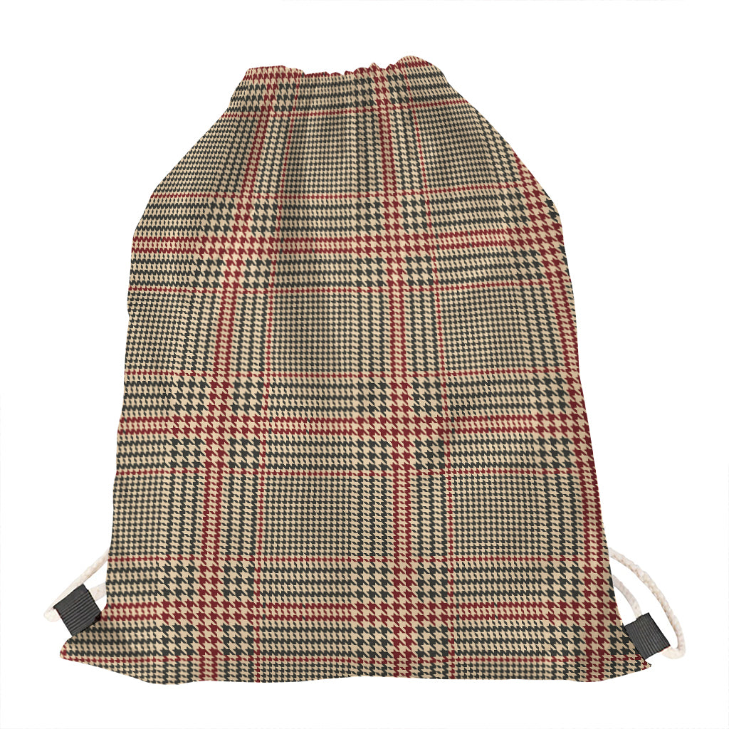 Brown Beige And Red Glen Plaid Print Drawstring Bag