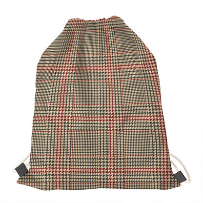 Brown Beige And Red Glen Plaid Print Drawstring Bag
