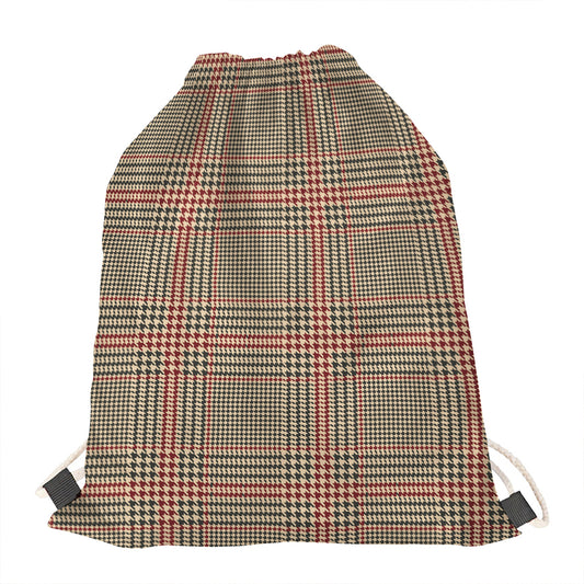 Brown Beige And Red Glen Plaid Print Drawstring Bag