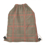 Brown Beige And Red Glen Plaid Print Drawstring Bag