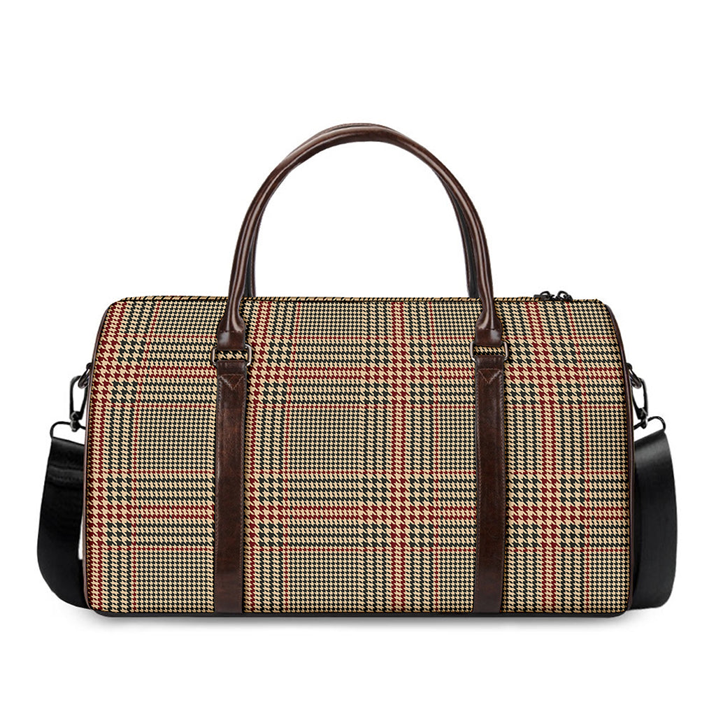 Brown Beige And Red Glen Plaid Print Duffle Bag