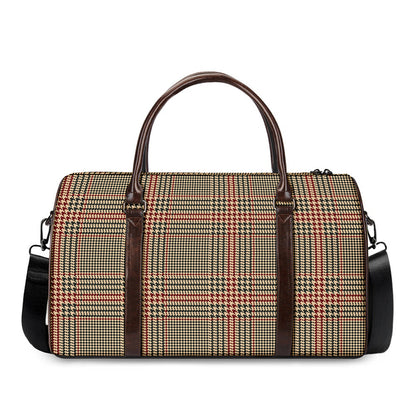 Brown Beige And Red Glen Plaid Print Duffle Bag