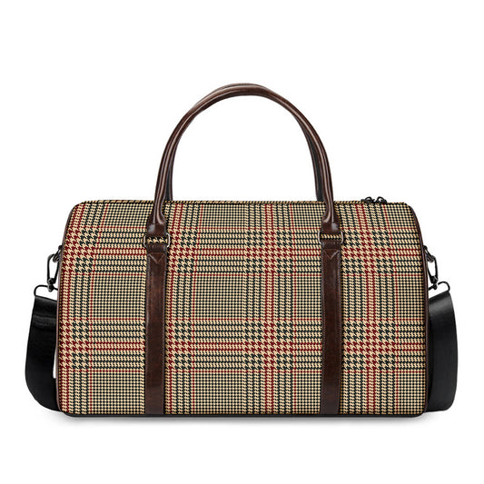 Brown Beige And Red Glen Plaid Print Duffle Bag