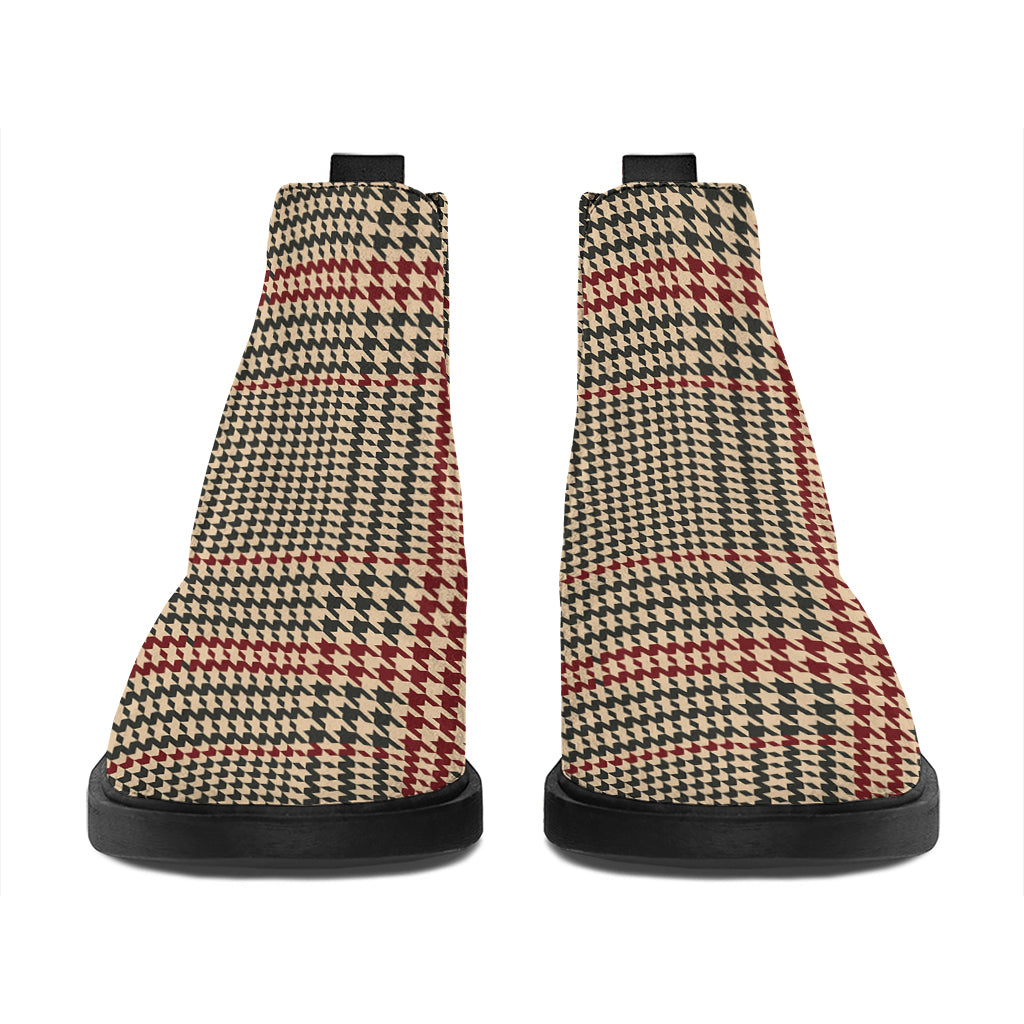 Brown Beige And Red Glen Plaid Print Flat Ankle Boots