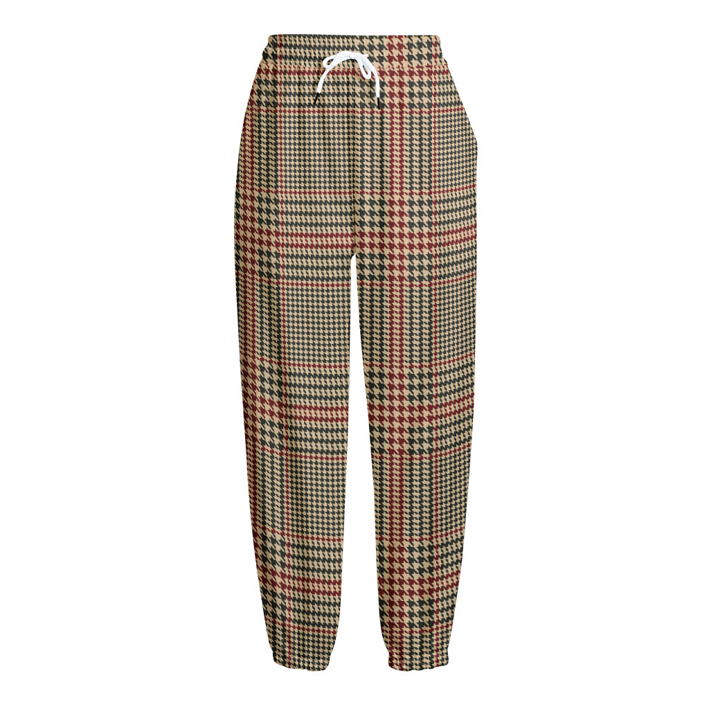 Brown Beige And Red Glen Plaid Print Fleece Lined Knit Pants