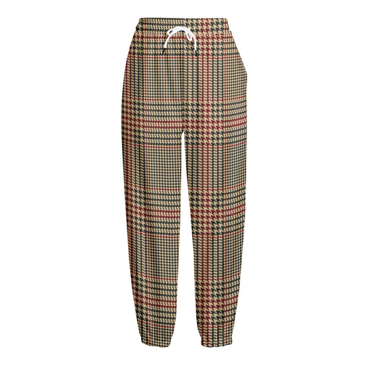 Brown Beige And Red Glen Plaid Print Fleece Lined Knit Pants