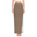 Brown Beige And Red Glen Plaid Print High Slit Maxi Skirt