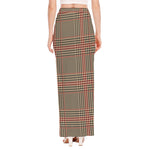Brown Beige And Red Glen Plaid Print High Slit Maxi Skirt