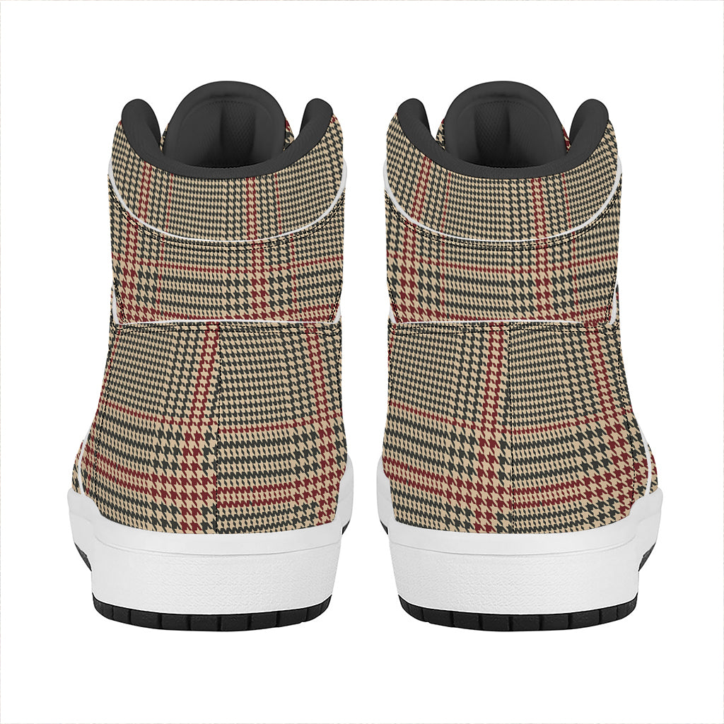 Brown Beige And Red Glen Plaid Print High Top Leather Sneakers