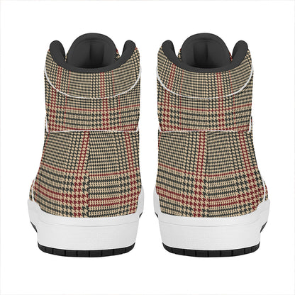 Brown Beige And Red Glen Plaid Print High Top Leather Sneakers