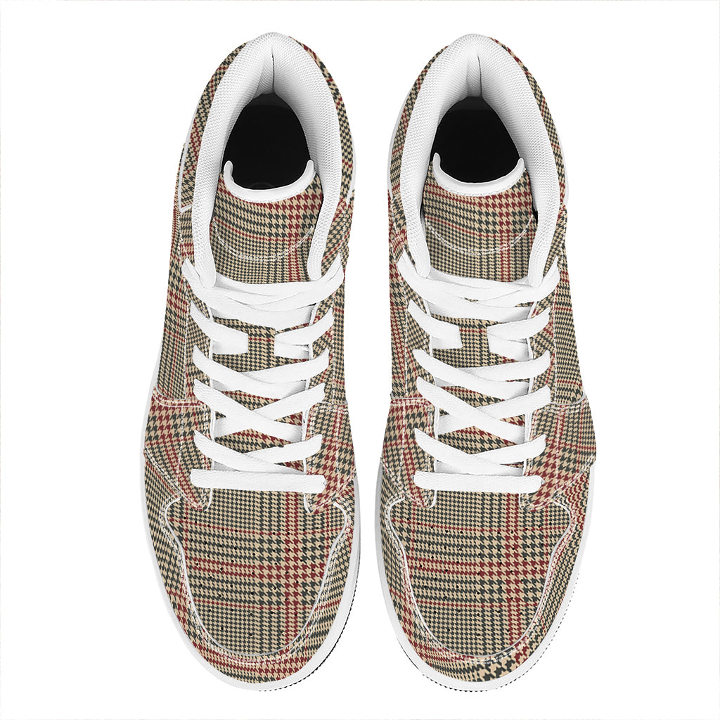Brown Beige And Red Glen Plaid Print High Top Leather Sneakers