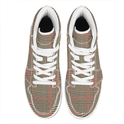 Brown Beige And Red Glen Plaid Print High Top Leather Sneakers