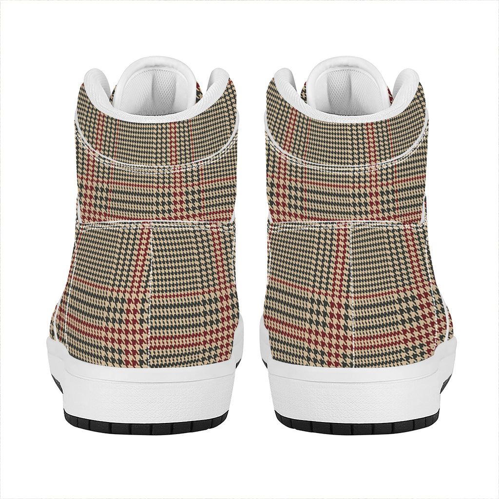 Brown Beige And Red Glen Plaid Print High Top Leather Sneakers