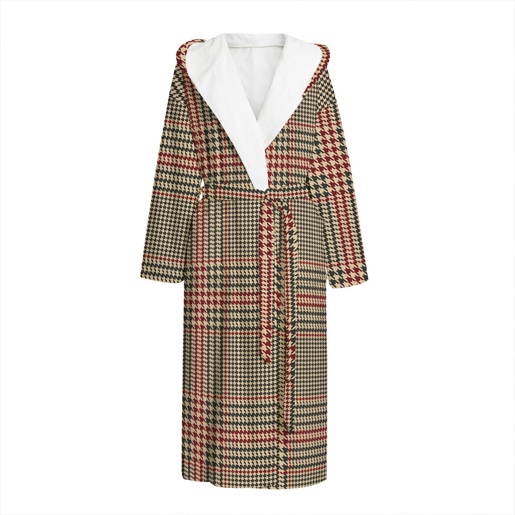 Brown Beige And Red Glen Plaid Print Hooded Bathrobe
